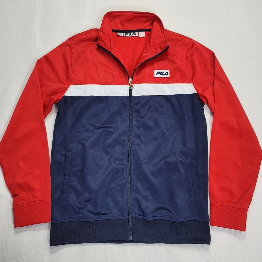 FILA Track Jacket Mens Small Zip Up Blue Red White 100% Polyester Soccer